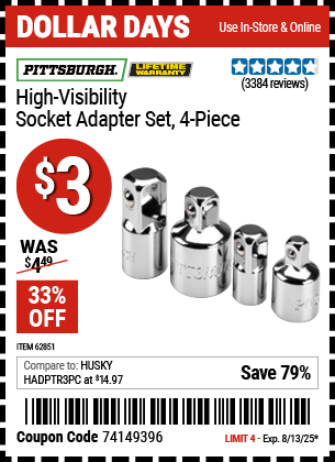 Harbor Freight Coupons, HF Coupons, 20% off - 4 Piece High Visibility Socket Adapter Set