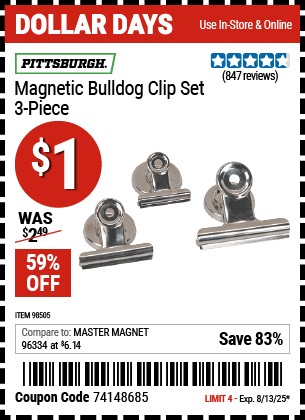 Harbor Freight Coupons, HF Coupons, 20% off - PITTSBURGH Magnetic Bulldog Clip Set, 3-Piece for $1