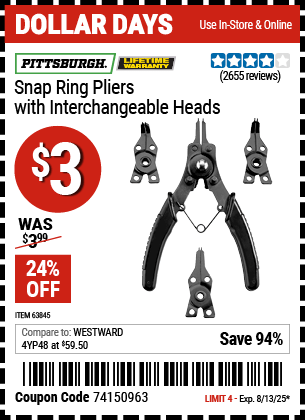 Harbor Freight Coupons, HF Coupons, 20% off - Pittsburgh Snap Ring Pliers With Interchangeable Heads