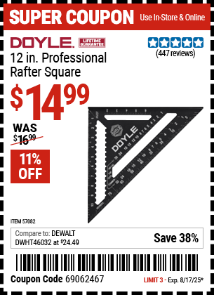 Harbor Freight Coupons, HF Coupons, 20% off - 12 in. Professional Rafter Square