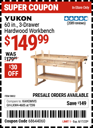 Harbor Freight Coupons, HF Coupons, 20% off - YUKON 60 in. 3-Drawer Hardwood Workbench for $139.99
