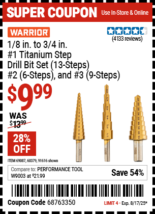 Harbor Freight Coupons, HF Coupons, 20% off - 3 Piece Titanium High Speed Steel Step Bits