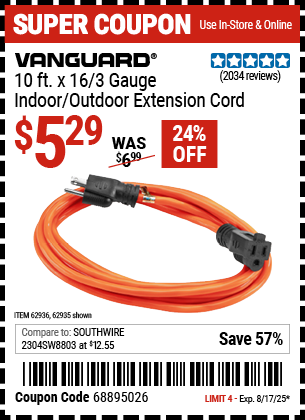 Harbor Freight Coupons, HF Coupons, 20% off - 10ft.x16 Gauge Indoor/outdoor Extension Cord