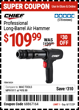 Harbor Freight Coupons, HF Coupons, 20% off - Professional Long Barrel Air Hammer