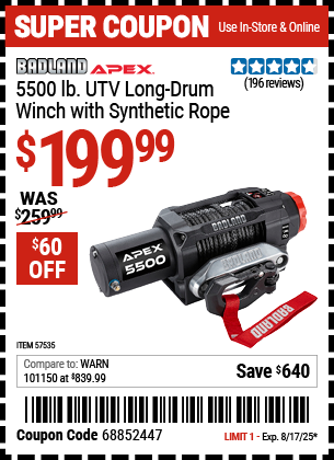 Harbor Freight Coupons, HF Coupons, 20% off - BADLAND APEX 5500 lb. UTV Long Drum Winch with Synthetic Rope for $249.99