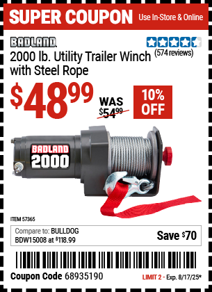 Harbor Freight Coupons, HF Coupons, 20% off - 2000 lb. Utility Trailer Winch with Steel Rope