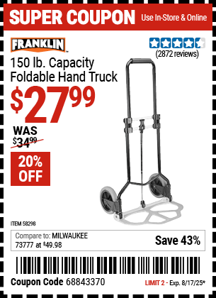 Harbor Freight Coupons, HF Coupons, 20% off - FRANKLIN 150 lb. Capacity Foldable Hand Truck 