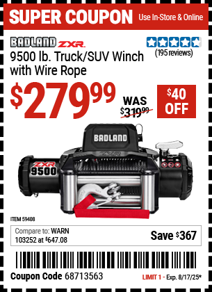 Harbor Freight Coupons, HF Coupons, 20% off - BADLAND ZXR 9500 lb. Truck/SUV Winch with Wire Rope 