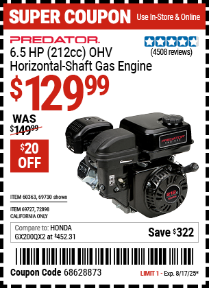 Harbor Freight Coupons, HF Coupons, 20% off - 6.5 Hp (212 Cc) Ohv Horizontal Shaft Gas Engines