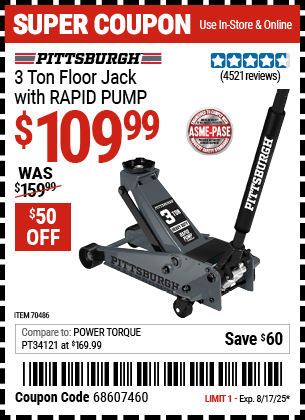 Harbor Freight Coupons, HF Coupons, 20% off - PITTSBURGH 3 Ton Floor Jack with RAPID PUMP for $119.99