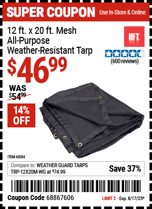Harbor Freight Coupons, HF Coupons, 20% off - 12 ft. x 20 ft. Mesh All Purpose/Weather Resistant Tarp