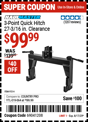 Harbor Freight Coupons, HF Coupons, 20% off - 3-point Quick Hitch