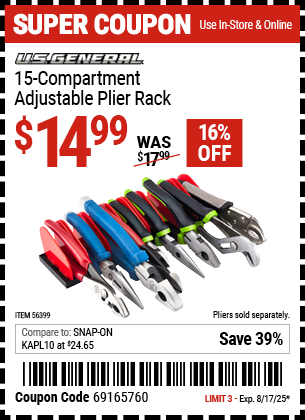 Harbor Freight Coupons, HF Coupons, 20% off - U.S. GENERAL 15 Compartment Adjustable Plier Rack for $12.99