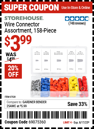 Harbor Freight Coupons, HF Coupons, 20% off - 158 Piece Wire Connector Assortment