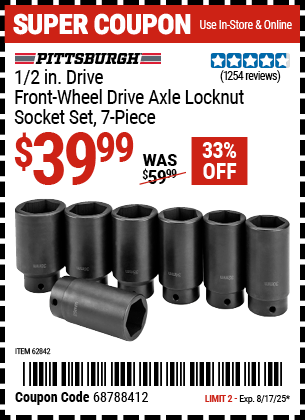 Harbor Freight Coupons, HF Coupons, 20% off - 1/2 in. Drive Front Wheel Drive Axle Lock-Nut Socket Set, 7 Pc.