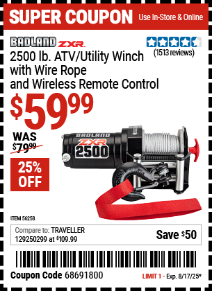 Harbor Freight Coupons, HF Coupons, 20% off - BADLAND 2500 Lb. ATV/Utility Electric Winch With Wireless Remote Control for $79.99