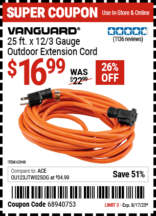 Harbor Freight Coupons, HF Coupons, 20% off - 25 ft. x 12 Gauge Outdoor Extension Cord