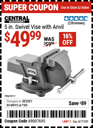 Harbor Freight Coupons, HF Coupons, 20% off - CENTRAL MACHINERY 5 in. Swivel Vise with Anvil for $49.99