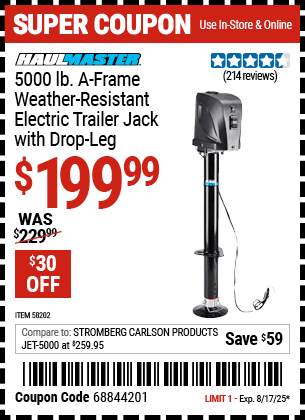 Harbor Freight Coupons, HF Coupons, 20% off - HAUL-MASTER 5000 lb. A-Frame Weather Resistant Electric Trailer Jack with Drop Leg for $199.99