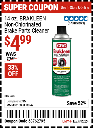 Harbor Freight Coupons, HF Coupons, 20% off - 14 Oz. Brakleen Non-Chlorinated Brake Parts Cleaner