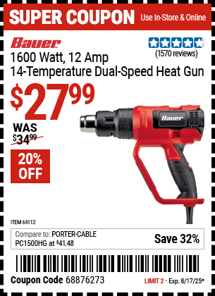 Harbor Freight Coupons, HF Coupons, 20% off - 1600 Watt 12 Amp 14 Temperature Dual Fan Speed Heat Gun
