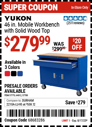 Harbor Freight Coupons, HF Coupons, 20% off - 46 In. Mobile Workbench With Solid Wood Top, Black