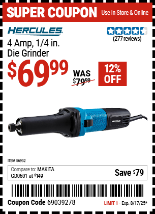 Harbor Freight Coupons, HF Coupons, 20% off - HERCULES 4 Amp  1/4 in. Die Grinder for $59.99