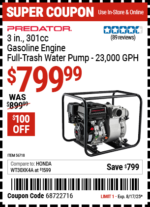 Harbor Freight Coupons, HF Coupons, 20% off - 3 in.  301cc Gasoline Engine Full-Trash Water Pump - 23,000 GPH