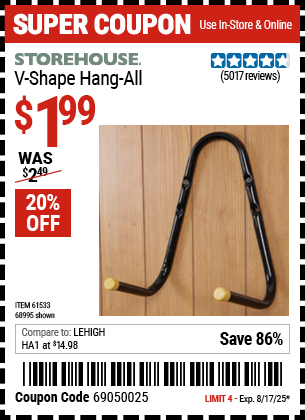 Harbor Freight Coupons, HF Coupons, 20% off - STOREHOUSE V-Shape Hang-All for $1.49