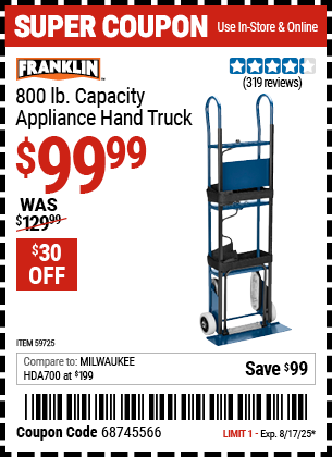 Harbor Freight Coupons, HF Coupons, 20% off - FRANKLIN 800 lb. Capacity Appliance Hand Truck for $99.99