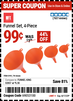 Harbor Freight Coupons, HF Coupons, 20% off - 4 Piece Funnel Set