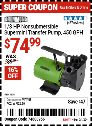 Harbor Freight Coupons, HF Coupons, 20% off - 1/8  HP Non-Submersible Super Mini Transfer Pump 450 GPH