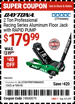 Harbor Freight Coupons, HF Coupons, 20% off - DAYTONA 2 Ton Professional Racing Series Aluminum Floor Jack for $169.99