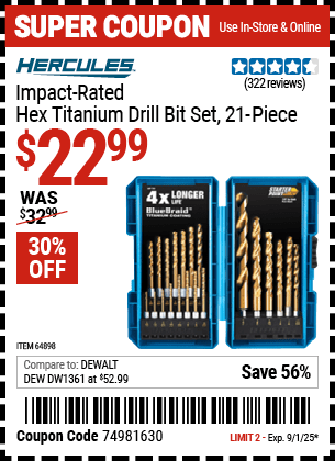 Harbor Freight Coupons, HF Coupons, 20% off - 21 Piece Hex Shaft Titanium Drill Bit Set