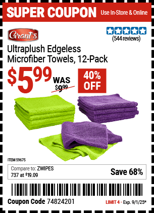 Harbor Freight Coupons, HF Coupons, 20% off - GRANTS Ultra-Plush Edgeless Microfiber Towels, 12-Pack for $4.99