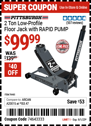 Harbor Freight Coupons, HF Coupons, 20% off - PITTSBURGH 2 Ton Low-Profile Floor Jack with RAPID PUMP for $109.99