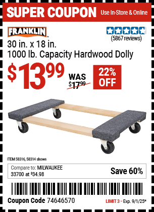 Harbor Freight Coupons, HF Coupons, 20% off - FRANKLIN 30 in. x 19 in. 1000 lb. Capacity Hardwood Dolly 