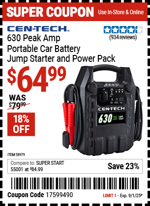 Harbor Freight Coupons, HF Coupons, 20% off - 630 Peak Amp Portable Jump Starter and Power Pack