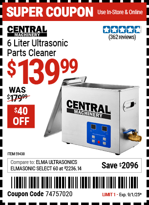 Harbor Freight Coupons, HF Coupons, 20% off - CENTRAL MACHINERY 6 Liter Ultrasonic Parts Cleaner 