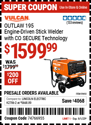 Harbor Freight Coupons, HF Coupons, 20% off - VULCAN OUTLAW 195 Engine-Driven Stick Welder/AC Generator with CO SECURE Technology 