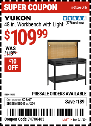 Harbor Freight Coupons, HF Coupons, 20% off - YUKON 48 in. Workbench with Light 