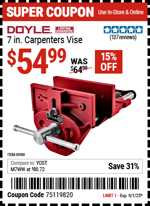 Harbor Freight Coupons, HF Coupons, 20% off - DOYLE 7 in. Carpenters Vise for $59.99