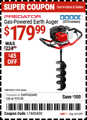 Harbor Freight Coupons, HF Coupons, 20% off - 2 Hp Gas Powered Earth Auger With 6