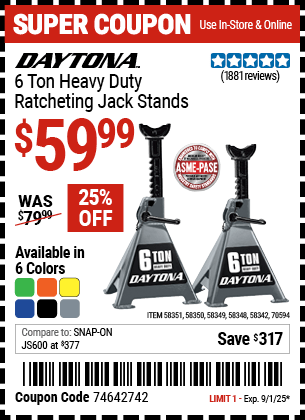 Harbor Freight Coupons, HF Coupons, 20% off - DAYTONA 6 Ton Heavy Duty Ratcheting Jack Stands 