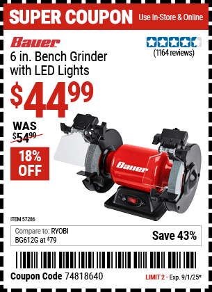 Harbor Freight Coupons, HF Coupons, 20% off - 6 in. Bench Grinder with LED Lights