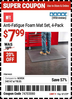 Harbor Freight Coupons, HF Coupons, 20% off - 4 Piece Anti-fatigue Foam Mat Set