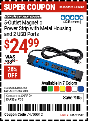 Harbor Freight Coupons, HF Coupons, 20% off - 5 Outlet Heavy Duty Magnetic Power Strip With Metal Housing And 2 Usb Ports