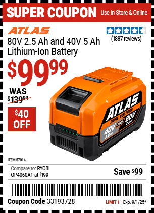 Harbor Freight Coupons, HF Coupons, 20% off - ATLAS 80V 2.5 Ah 40V 5.0Ah Lithium-Ion Battery for $119.99