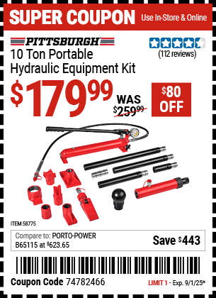 Harbor Freight Coupons, HF Coupons, 20% off - PITTSBURGH 10 Ton Portable Hydraulic Equipment Kit 