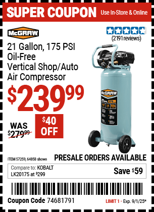 Harbor Freight Coupons, HF Coupons, 20% off - Mcgraw 175 Psi, 21 Gallon Vertical Oil-free Air Compressor